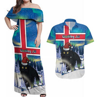 Iceland Christmas Couples Matching Off Shoulder Maxi Dress and Hawaiian Shirt Yule Cat Gledileg Jol - Wonder Print Shop