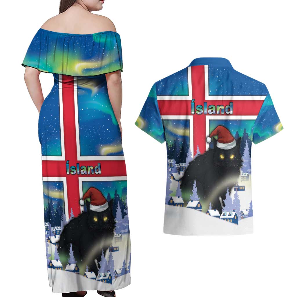 Iceland Christmas Couples Matching Off Shoulder Maxi Dress and Hawaiian Shirt Yule Cat Gledileg Jol - Wonder Print Shop