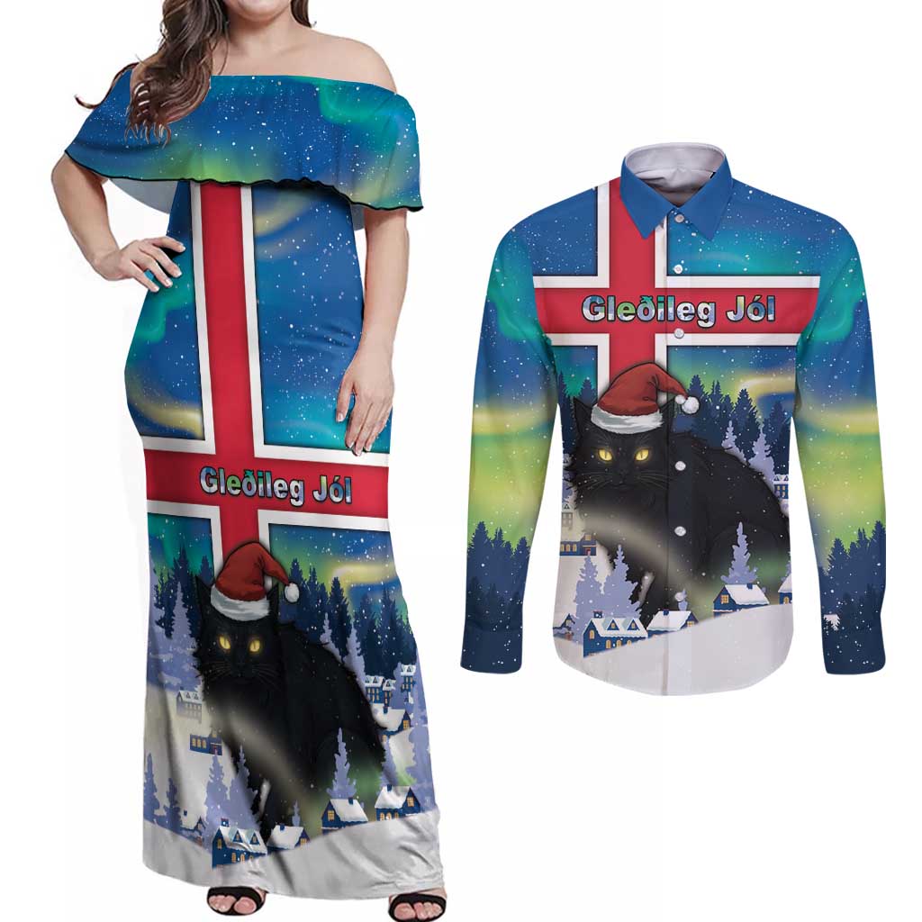 Iceland Christmas Couples Matching Off Shoulder Maxi Dress and Long Sleeve Button Shirt Yule Cat Gledileg Jol - Wonder Print Shop