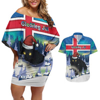 Iceland Christmas Couples Matching Off Shoulder Short Dress and Hawaiian Shirt Yule Cat Gledileg Jol - Wonder Print Shop