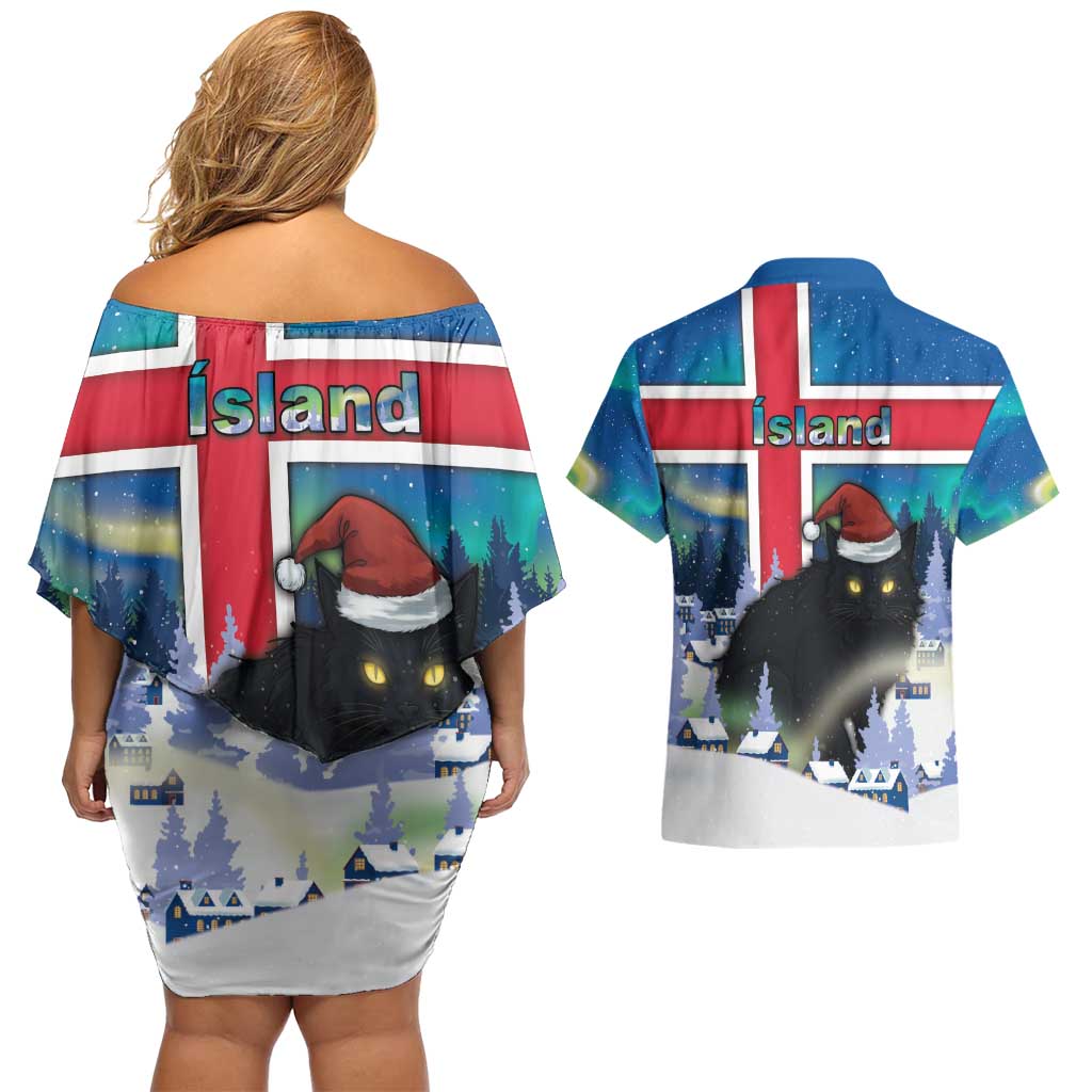 Iceland Christmas Couples Matching Off Shoulder Short Dress and Hawaiian Shirt Yule Cat Gledileg Jol - Wonder Print Shop
