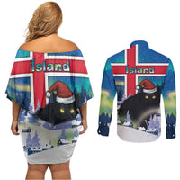 Iceland Christmas Couples Matching Off Shoulder Short Dress and Long Sleeve Button Shirt Yule Cat Gledileg Jol - Wonder Print Shop