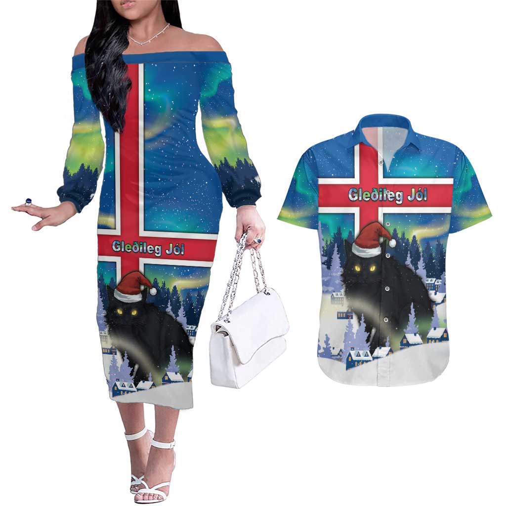 Iceland Christmas Couples Matching Off The Shoulder Long Sleeve Dress and Hawaiian Shirt Yule Cat Gledileg Jol - Wonder Print Shop