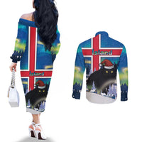 Iceland Christmas Couples Matching Off The Shoulder Long Sleeve Dress and Long Sleeve Button Shirt Yule Cat Gledileg Jol - Wonder Print Shop