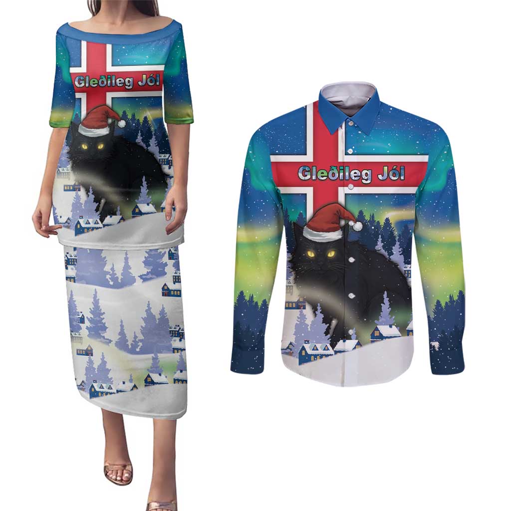 Iceland Christmas Couples Matching Puletasi and Long Sleeve Button Shirt Yule Cat Gledileg Jol - Wonder Print Shop