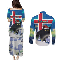 Iceland Christmas Couples Matching Puletasi and Long Sleeve Button Shirt Yule Cat Gledileg Jol - Wonder Print Shop