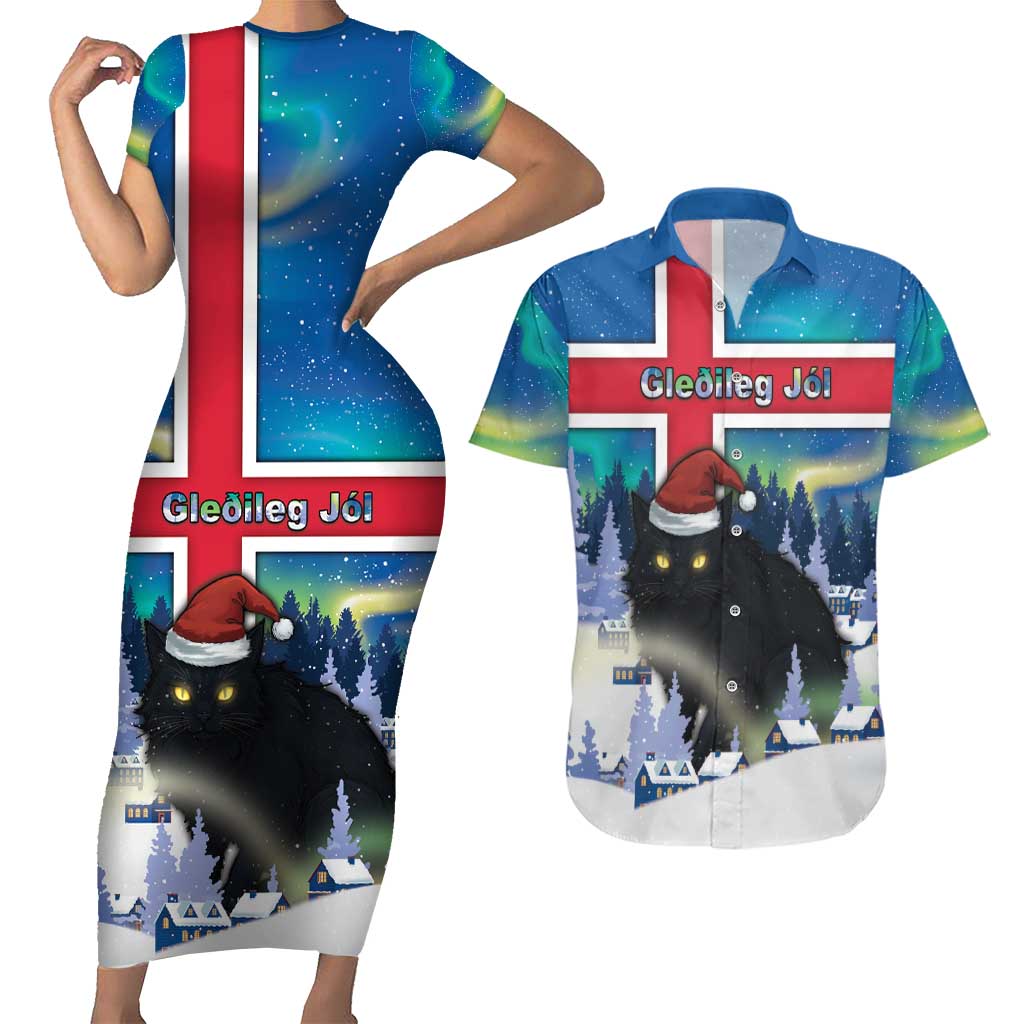 Iceland Christmas Couples Matching Short Sleeve Bodycon Dress and Hawaiian Shirt Yule Cat Gledileg Jol - Wonder Print Shop