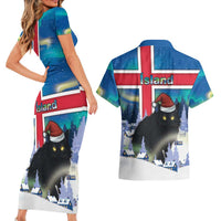 Iceland Christmas Couples Matching Short Sleeve Bodycon Dress and Hawaiian Shirt Yule Cat Gledileg Jol - Wonder Print Shop
