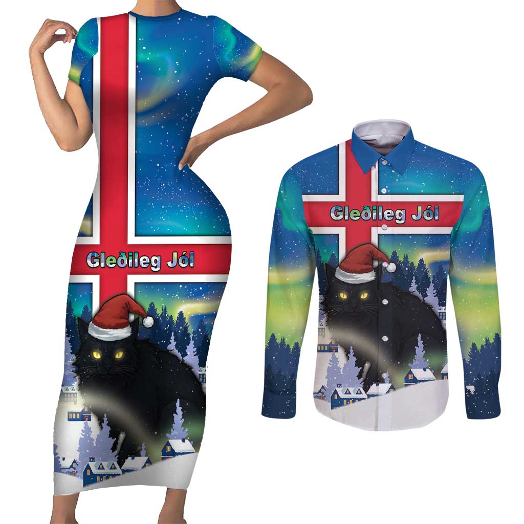 Iceland Christmas Couples Matching Short Sleeve Bodycon Dress and Long Sleeve Button Shirt Yule Cat Gledileg Jol - Wonder Print Shop
