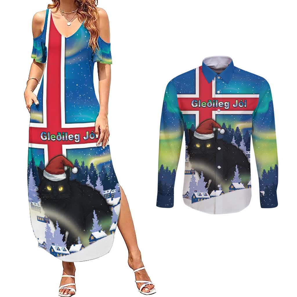 Iceland Christmas Couples Matching Summer Maxi Dress and Long Sleeve Button Shirt Yule Cat Gledileg Jol - Wonder Print Shop