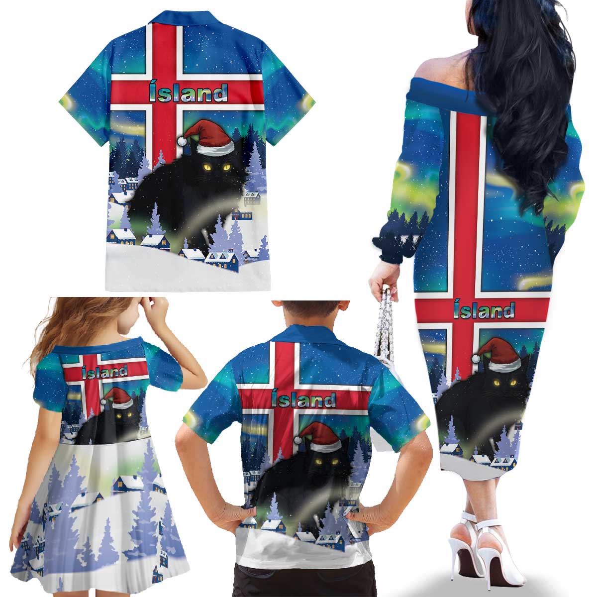 Iceland Christmas Family Matching Off The Shoulder Long Sleeve Dress and Hawaiian Shirt Yule Cat Gledileg Jol - Wonder Print Shop