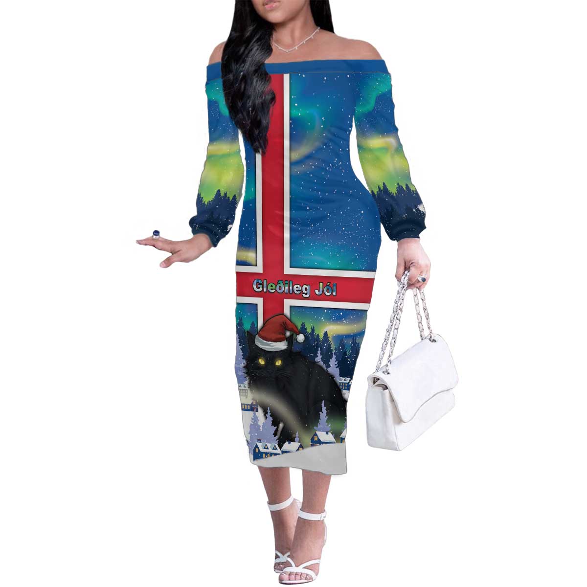 Iceland Christmas Family Matching Off The Shoulder Long Sleeve Dress and Hawaiian Shirt Yule Cat Gledileg Jol - Wonder Print Shop