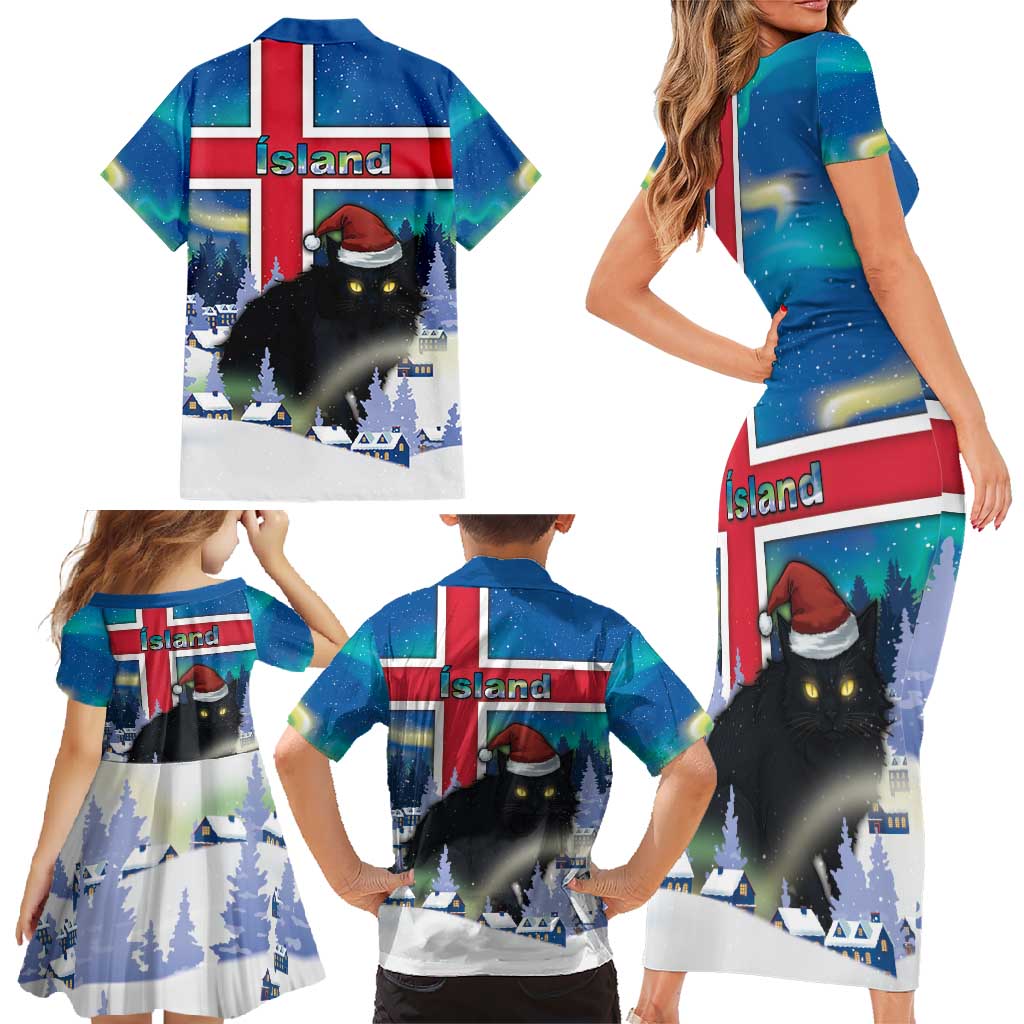 Iceland Christmas Family Matching Short Sleeve Bodycon Dress and Hawaiian Shirt Yule Cat Gledileg Jol - Wonder Print Shop