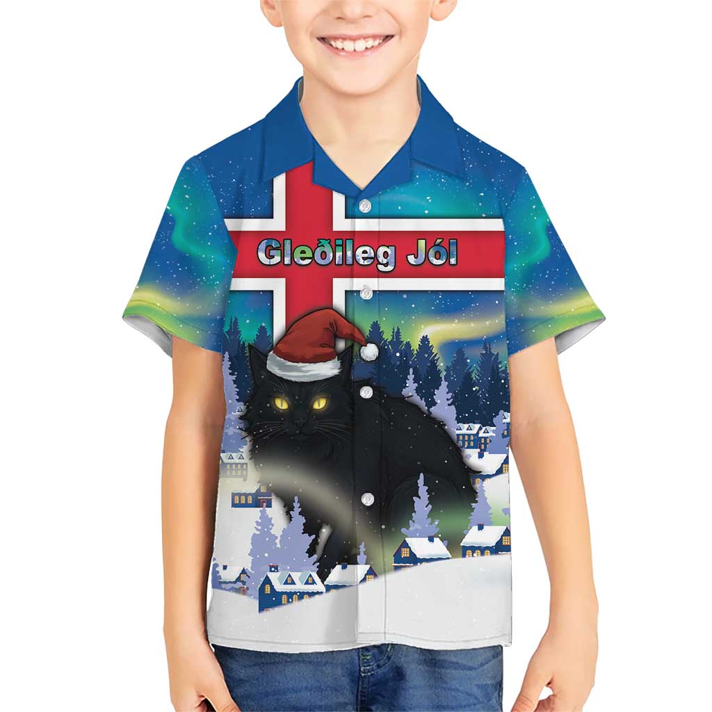 Iceland Christmas Family Matching Short Sleeve Bodycon Dress and Hawaiian Shirt Yule Cat Gledileg Jol - Wonder Print Shop