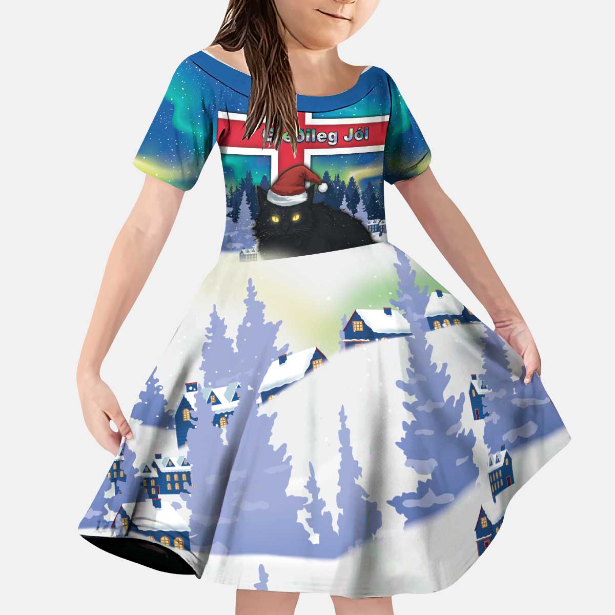 Iceland Christmas Kid Short Sleeve Dress Yule Cat Gledileg Jol - Wonder Print Shop