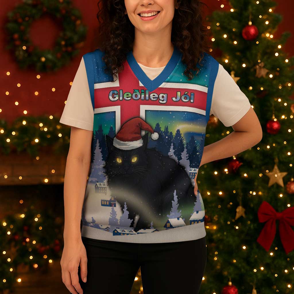 Iceland Christmas Knitted V-Neck Vest Yule Cat Gledileg Jol - Wonder Print Shop