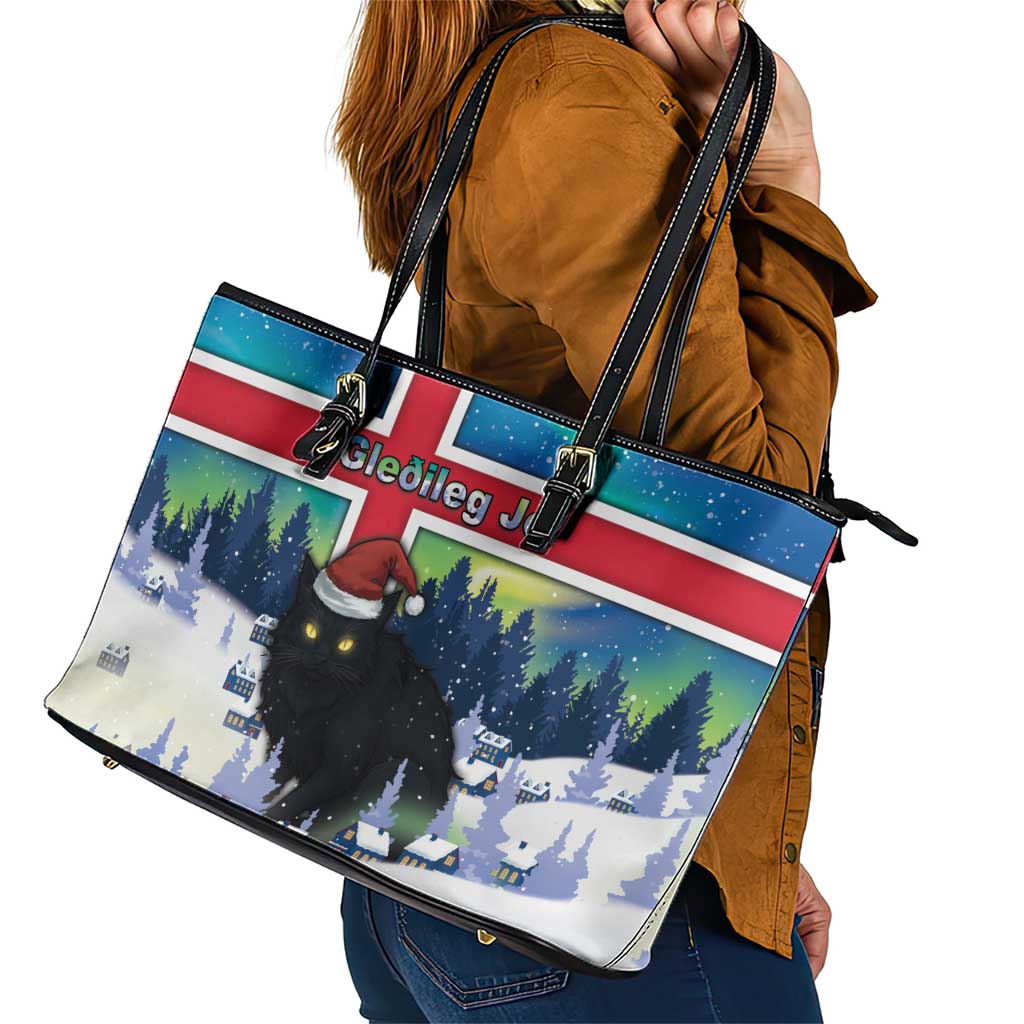 Iceland Christmas Leather Tote Bag Yule Cat Gledileg Jol - Wonder Print Shop
