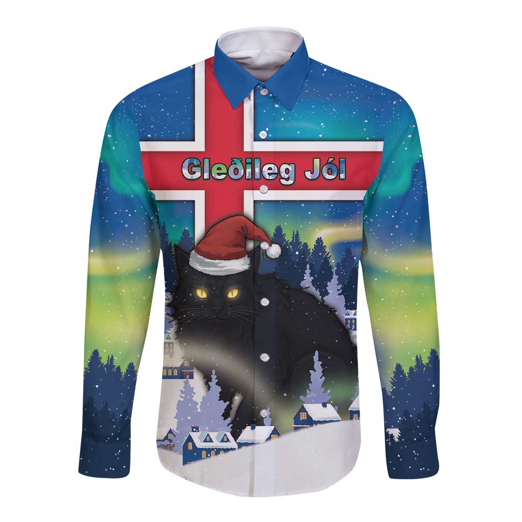 Iceland Christmas Long Sleeve Button Shirt Yule Cat Gledileg Jol - Wonder Print Shop