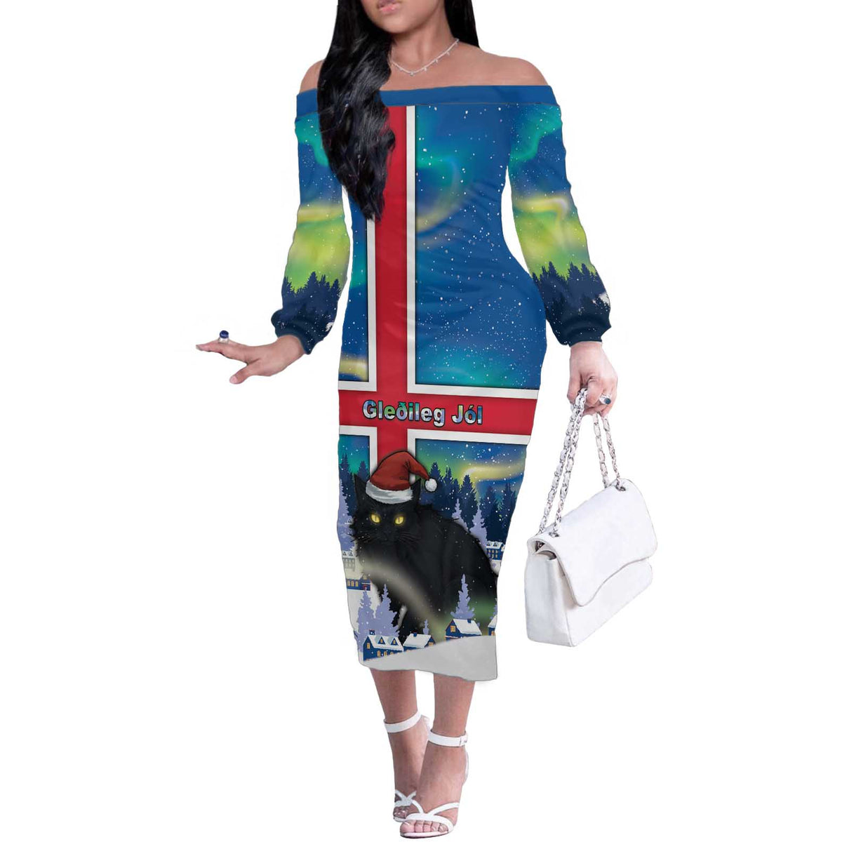 Iceland Christmas Off The Shoulder Long Sleeve Dress Yule Cat Gledileg Jol - Wonder Print Shop