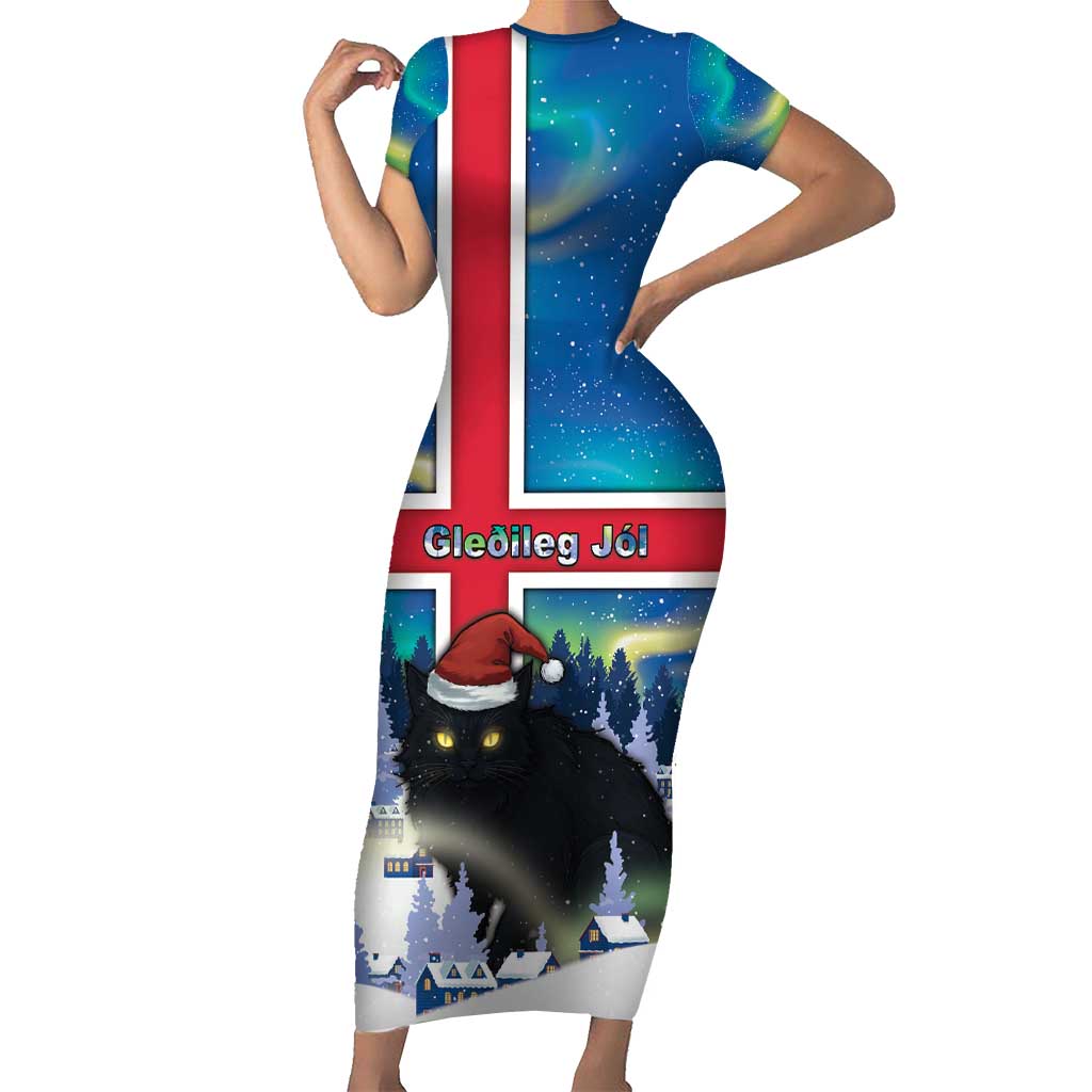 Iceland Christmas Short Sleeve Bodycon Dress Yule Cat Gledileg Jol - Wonder Print Shop