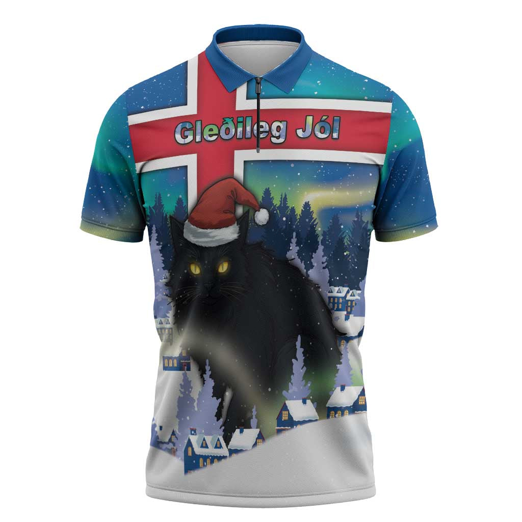 Iceland Christmas Zipper Polo Shirt Yule Cat Gledileg Jol - Wonder Print Shop