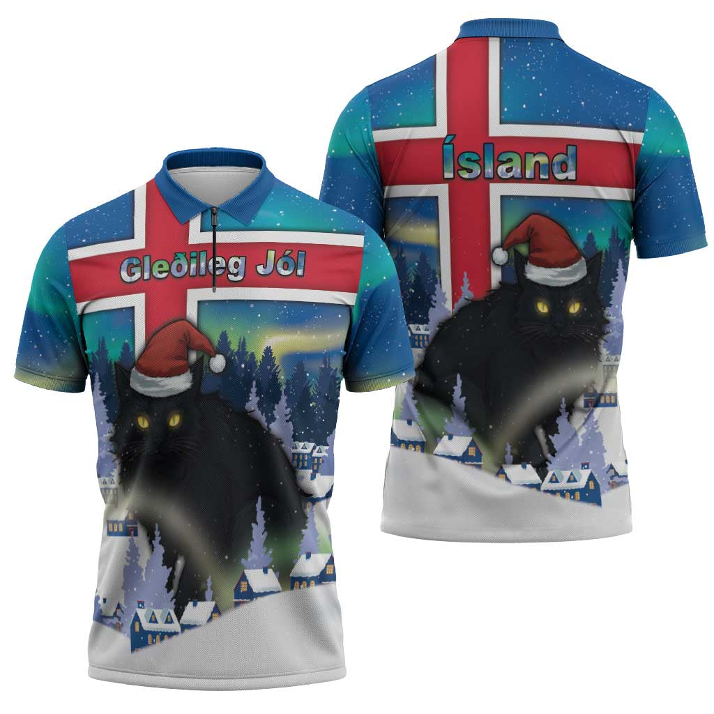 Iceland Christmas Zipper Polo Shirt Yule Cat Gledileg Jol - Wonder Print Shop