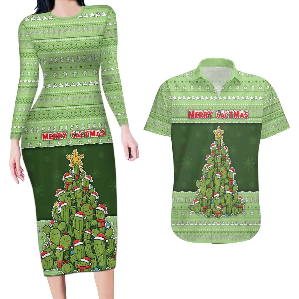 Cactus Christmas Couples Matching Long Sleeve Bodycon Dress and Hawaiian Shirt Merry Cactmas - Wonder Print Shop