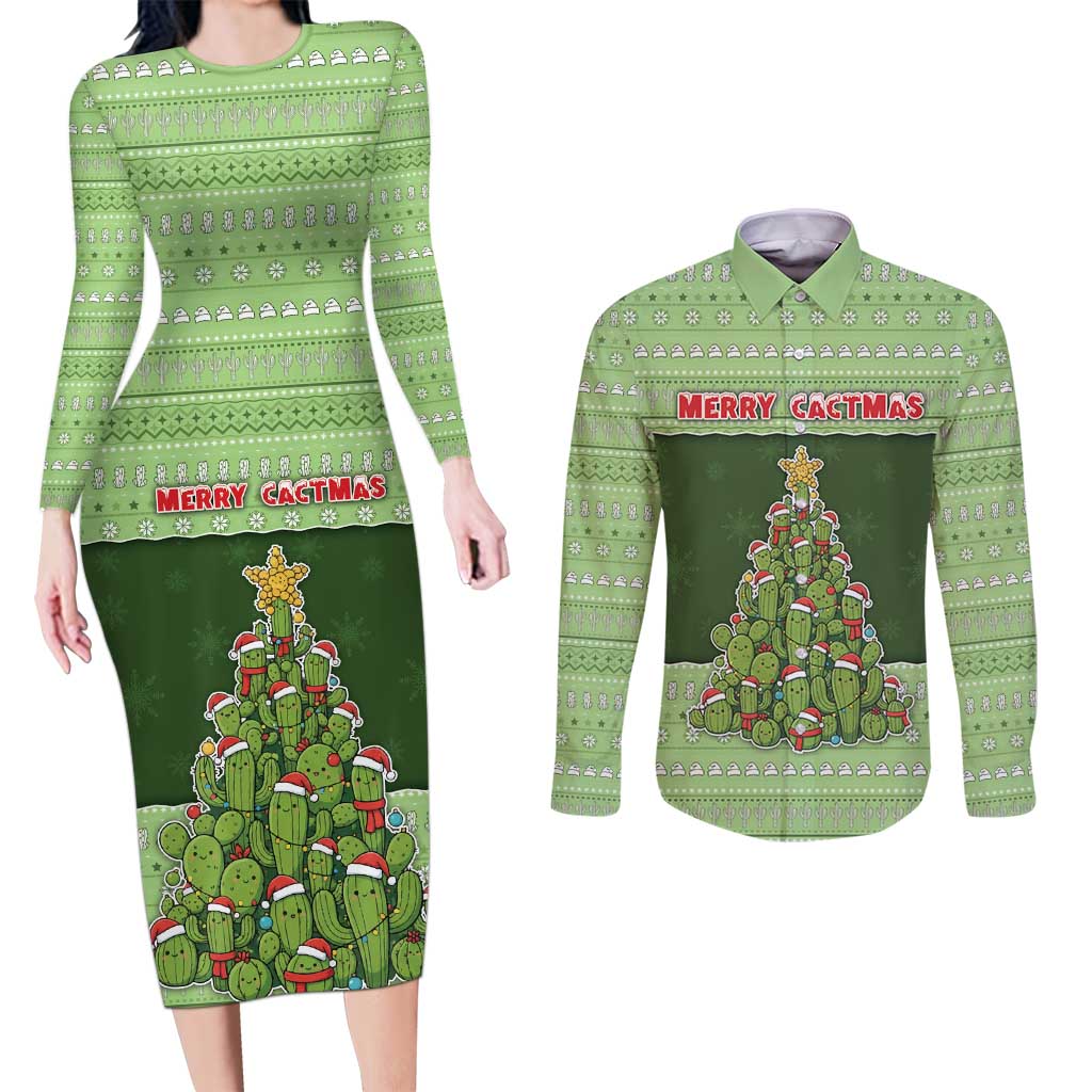 Cactus Christmas Couples Matching Long Sleeve Bodycon Dress and Long Sleeve Button Shirt Merry Cactmas - undefined