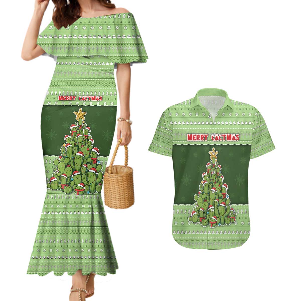 Cactus Christmas Couples Matching Mermaid Dress and Hawaiian Shirt Merry Cactmas - Wonder Print Shop