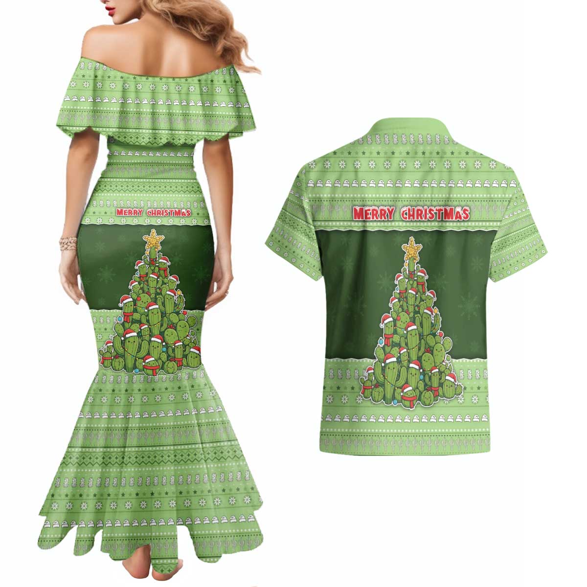 Cactus Christmas Couples Matching Mermaid Dress and Hawaiian Shirt Merry Cactmas - Wonder Print Shop