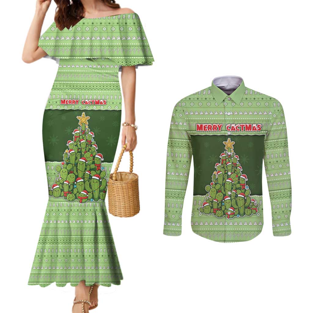 Cactus Christmas Couples Matching Mermaid Dress and Long Sleeve Button Shirt Merry Cactmas - Wonder Print Shop