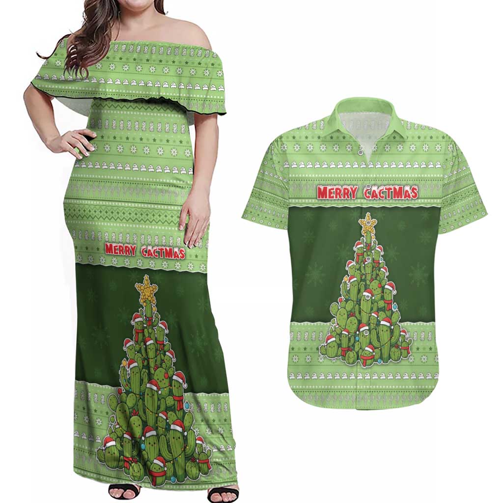 Cactus Christmas Couples Matching Off Shoulder Maxi Dress and Hawaiian Shirt Merry Cactmas - Wonder Print Shop