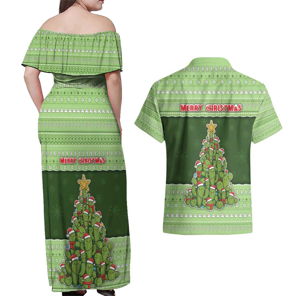 Cactus Christmas Couples Matching Off Shoulder Maxi Dress and Hawaiian Shirt Merry Cactmas - Wonder Print Shop