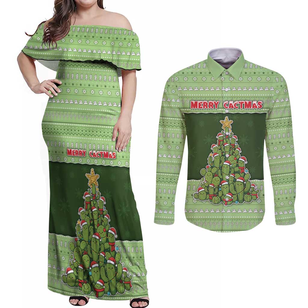 Cactus Christmas Couples Matching Off Shoulder Maxi Dress and Long Sleeve Button Shirt Merry Cactmas - Wonder Print Shop