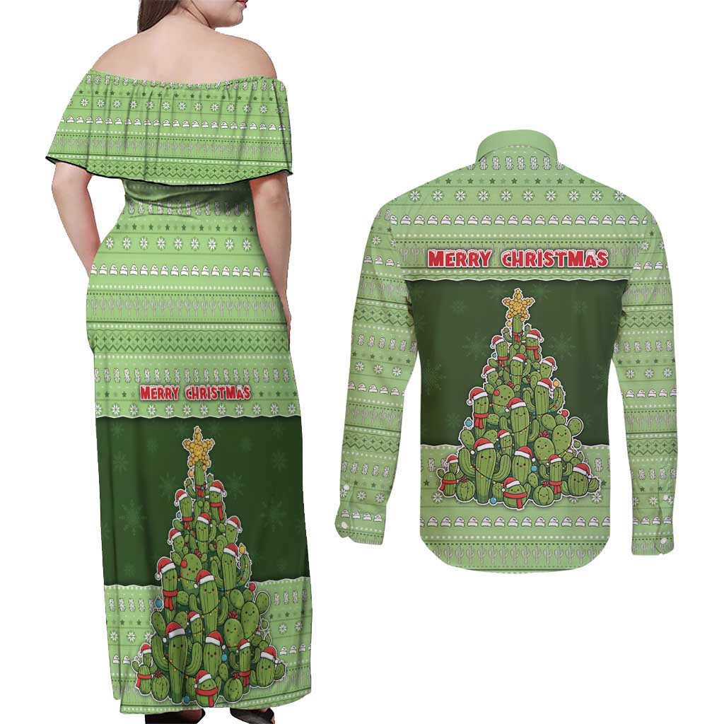 Cactus Christmas Couples Matching Off Shoulder Maxi Dress and Long Sleeve Button Shirt Merry Cactmas - Wonder Print Shop