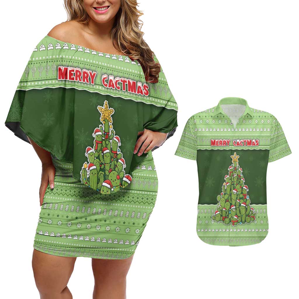 Cactus Christmas Couples Matching Off Shoulder Short Dress and Hawaiian Shirt Merry Cactmas - Wonder Print Shop