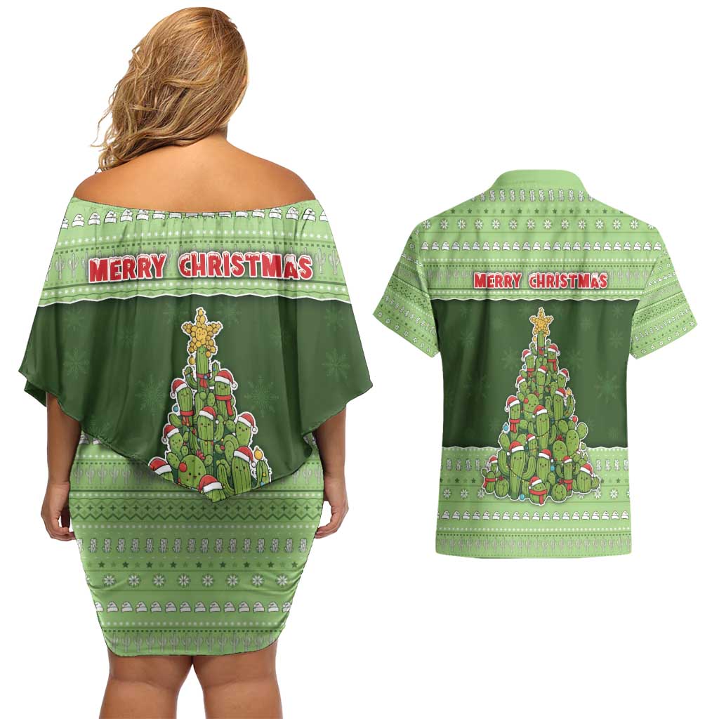 Cactus Christmas Couples Matching Off Shoulder Short Dress and Hawaiian Shirt Merry Cactmas - Wonder Print Shop