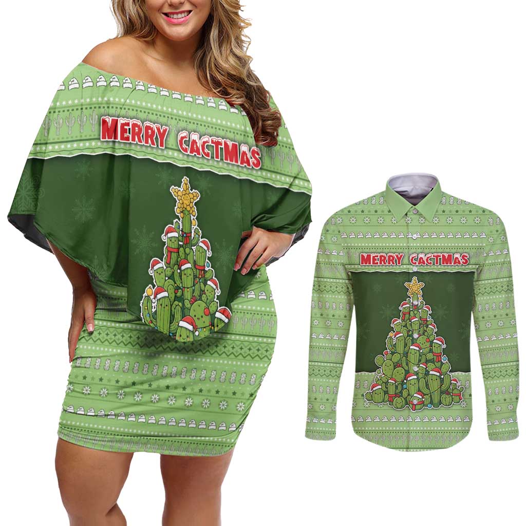 Cactus Christmas Couples Matching Off Shoulder Short Dress and Long Sleeve Button Shirt Merry Cactmas - Wonder Print Shop
