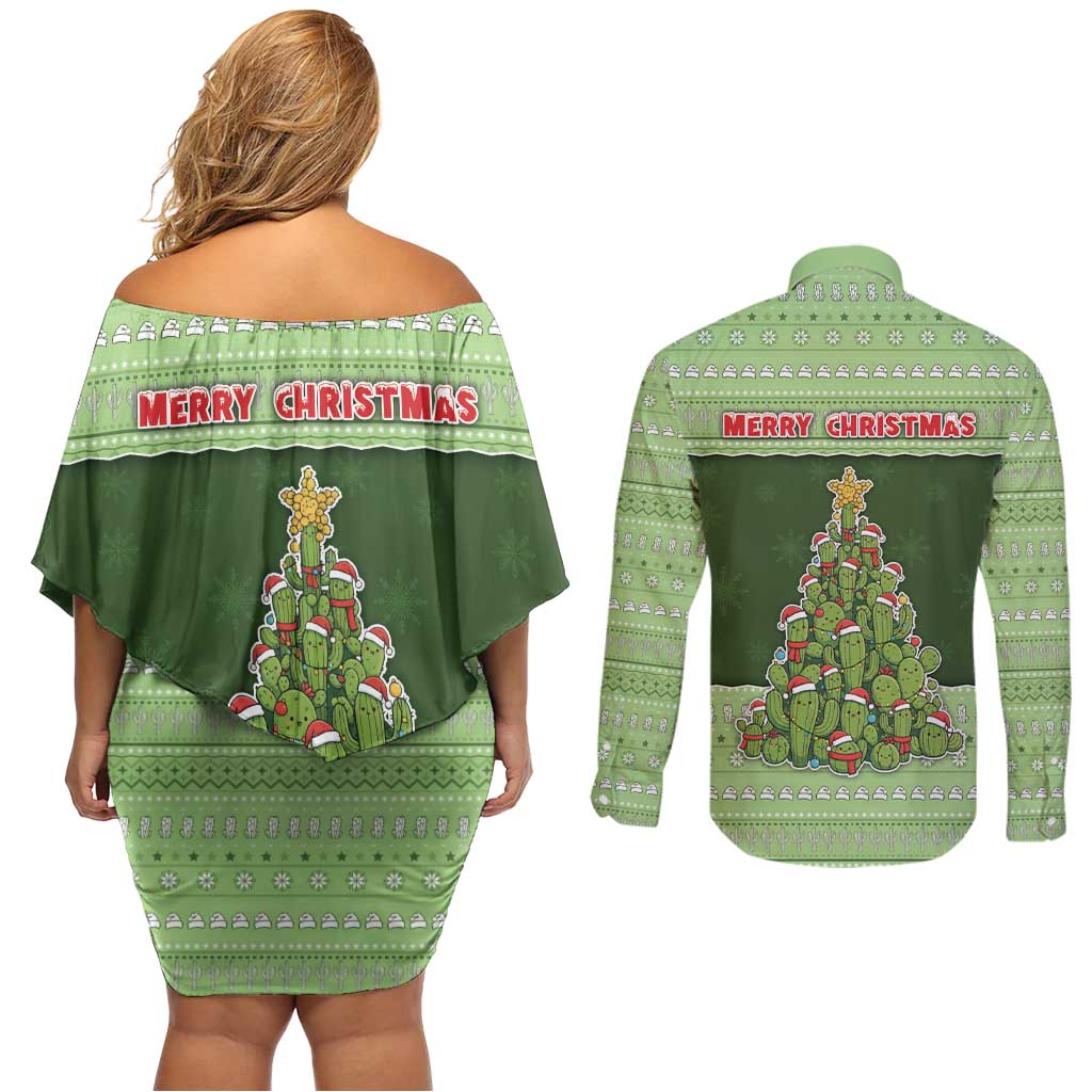 Cactus Christmas Couples Matching Off Shoulder Short Dress and Long Sleeve Button Shirt Merry Cactmas - Wonder Print Shop