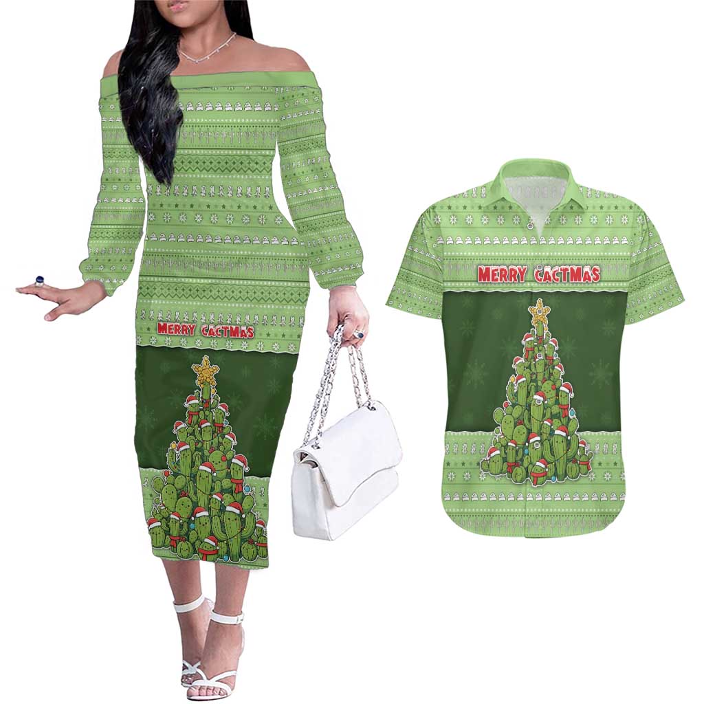 Cactus Christmas Couples Matching Off The Shoulder Long Sleeve Dress and Hawaiian Shirt Merry Cactmas - Wonder Print Shop
