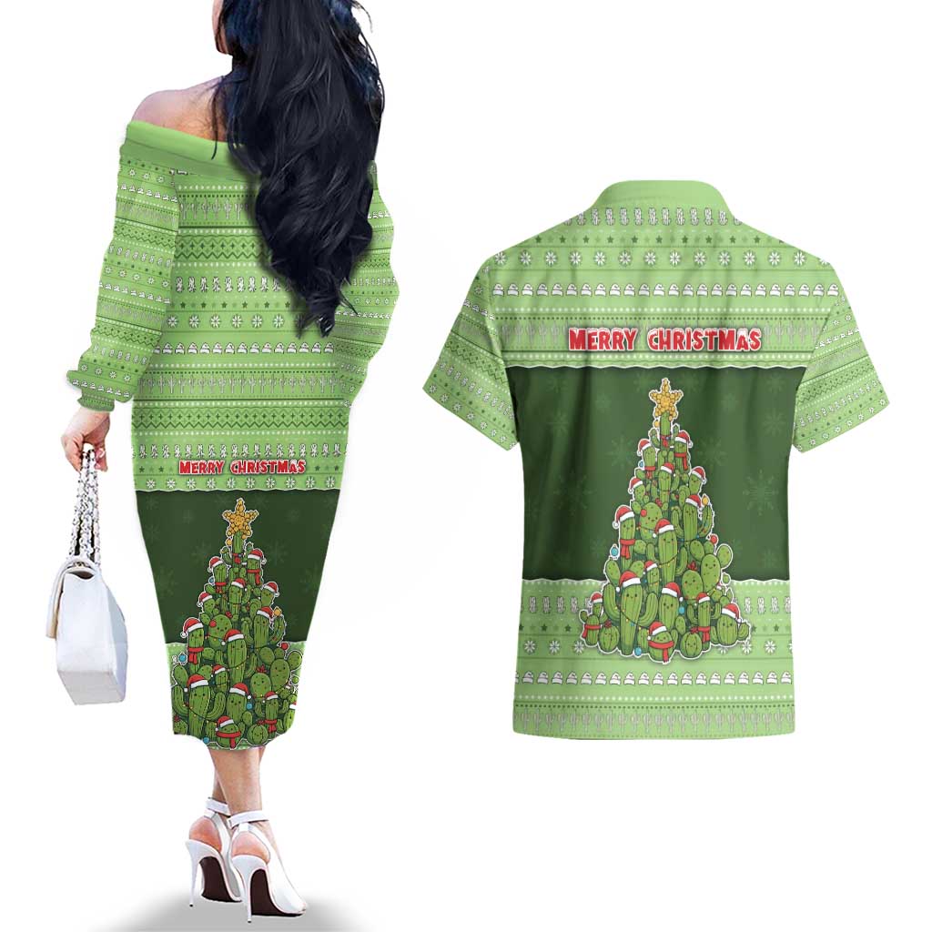 Cactus Christmas Couples Matching Off The Shoulder Long Sleeve Dress and Hawaiian Shirt Merry Cactmas - Wonder Print Shop