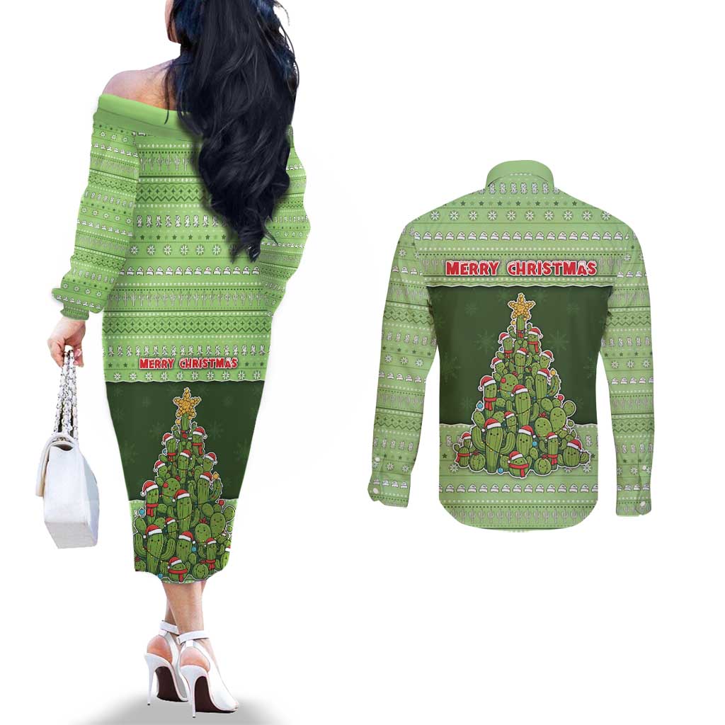 Cactus Christmas Couples Matching Off The Shoulder Long Sleeve Dress and Long Sleeve Button Shirt Merry Cactmas - Wonder Print Shop