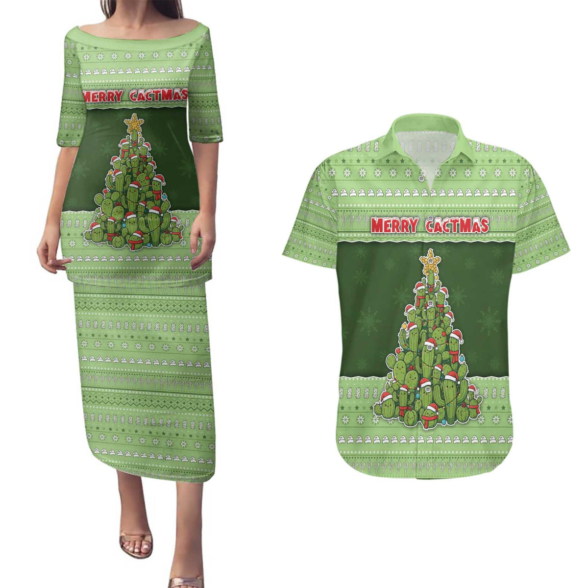 Cactus Christmas Couples Matching Puletasi and Hawaiian Shirt Merry Cactmas - Wonder Print Shop