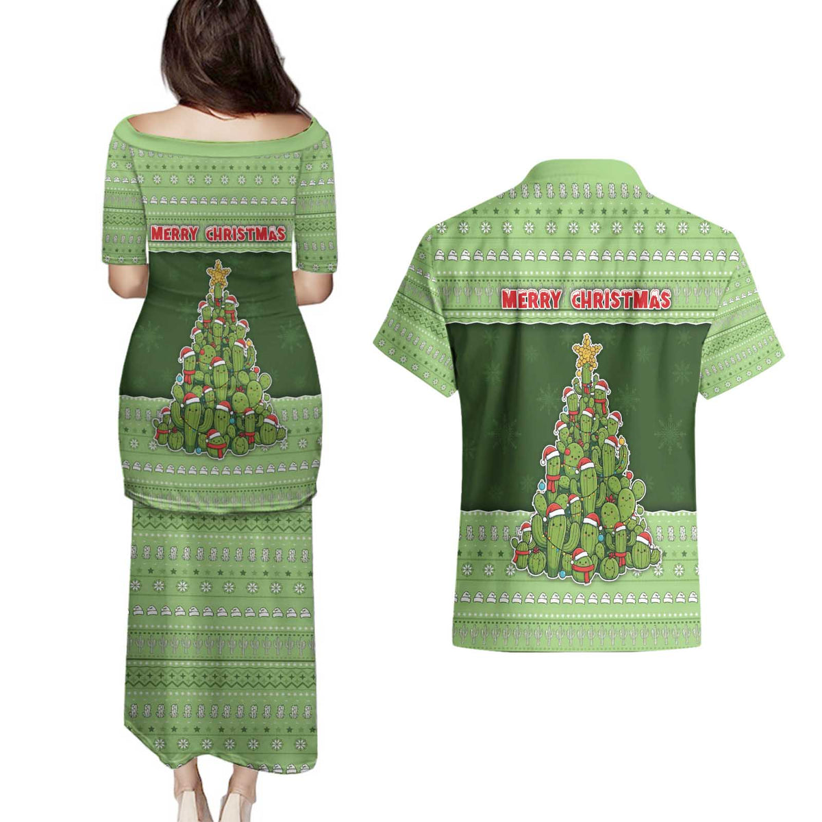 Cactus Christmas Couples Matching Puletasi and Hawaiian Shirt Merry Cactmas - Wonder Print Shop