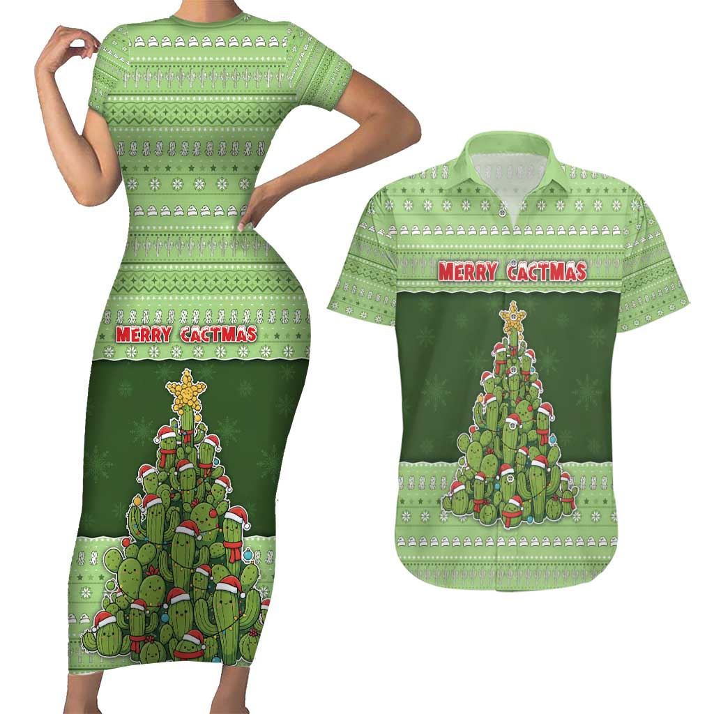 Cactus Christmas Couples Matching Short Sleeve Bodycon Dress and Hawaiian Shirt Merry Cactmas - Wonder Print Shop