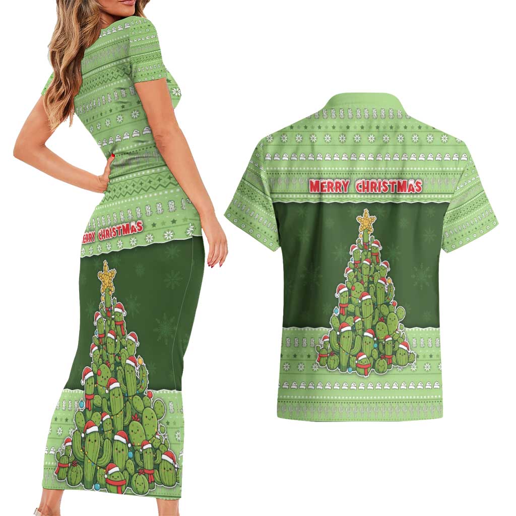 Cactus Christmas Couples Matching Short Sleeve Bodycon Dress and Hawaiian Shirt Merry Cactmas - Wonder Print Shop