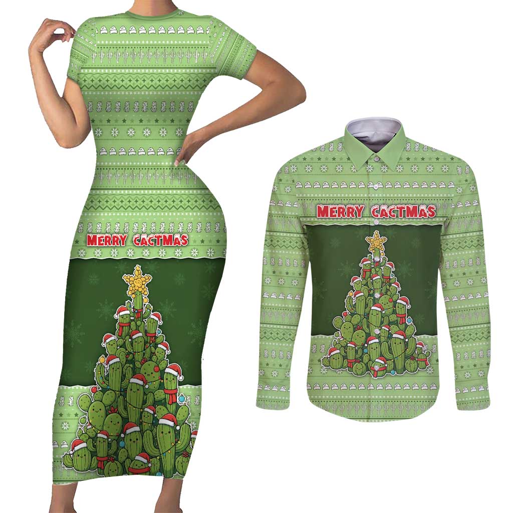 Cactus Christmas Couples Matching Short Sleeve Bodycon Dress and Long Sleeve Button Shirt Merry Cactmas - Wonder Print Shop