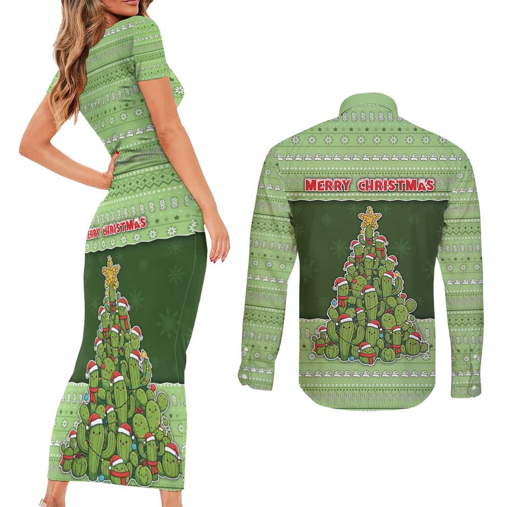 Cactus Christmas Couples Matching Short Sleeve Bodycon Dress and Long Sleeve Button Shirt Merry Cactmas - Wonder Print Shop