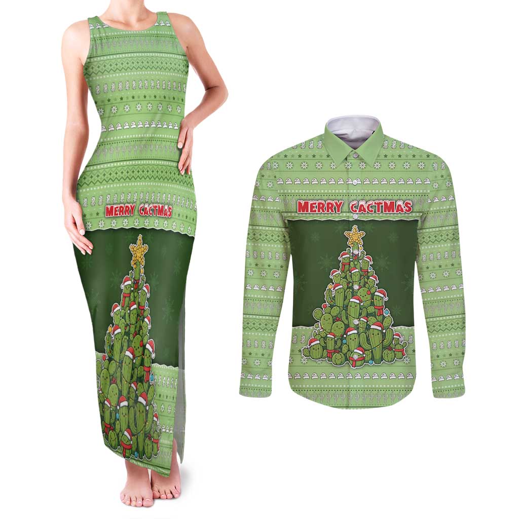 Cactus Christmas Couples Matching Tank Maxi Dress and Long Sleeve Button Shirt Merry Cactmas - Wonder Print Shop