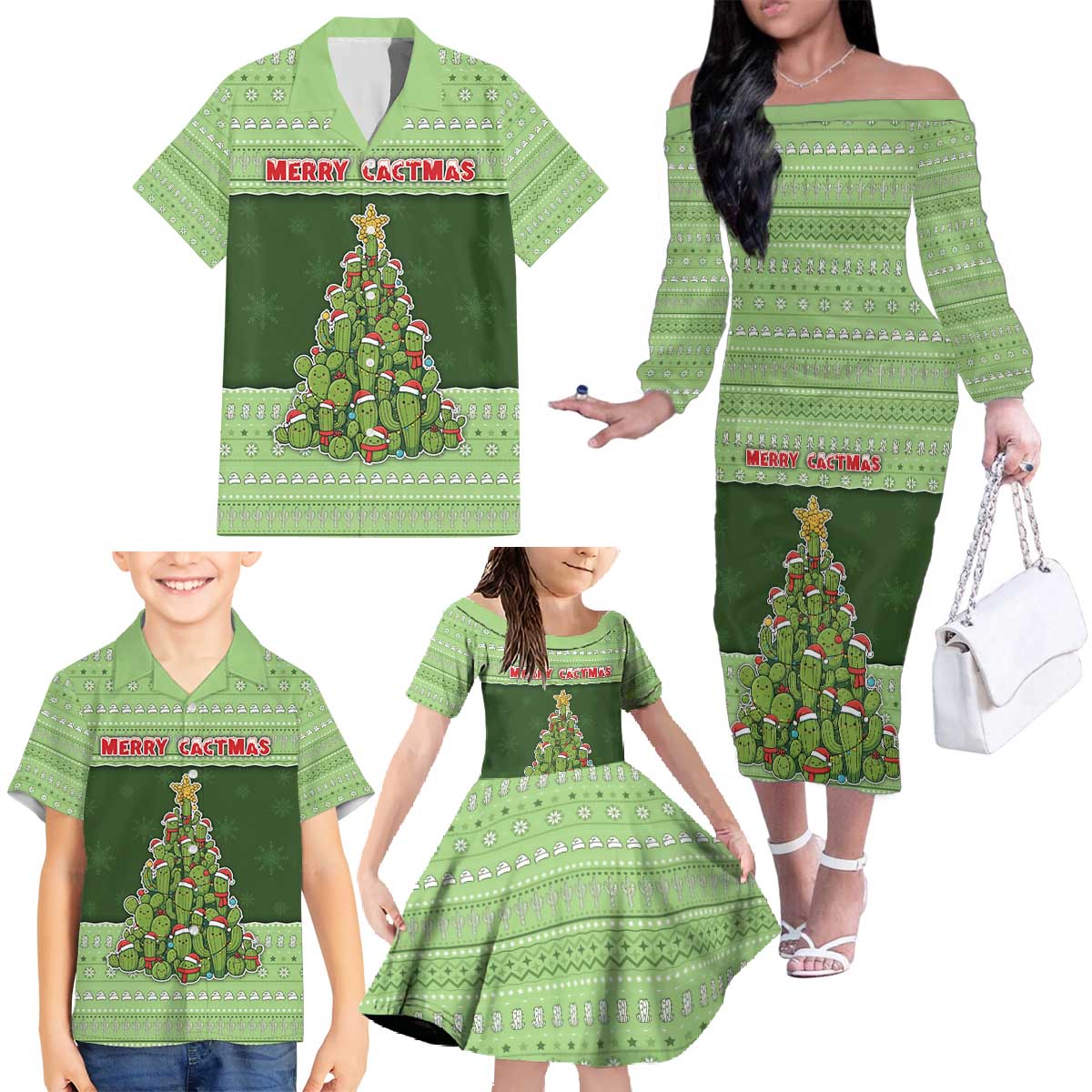 Cactus Christmas Family Matching Off The Shoulder Long Sleeve Dress and Hawaiian Shirt Merry Cactmas - Wonder Print Shop